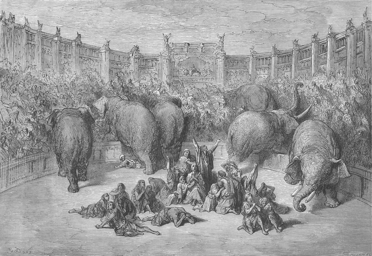 Zajatí Židé v hipodromu v Alexandrii, vyrytý Josiah Wood Whymper (1813-1903) od Gustave Dore