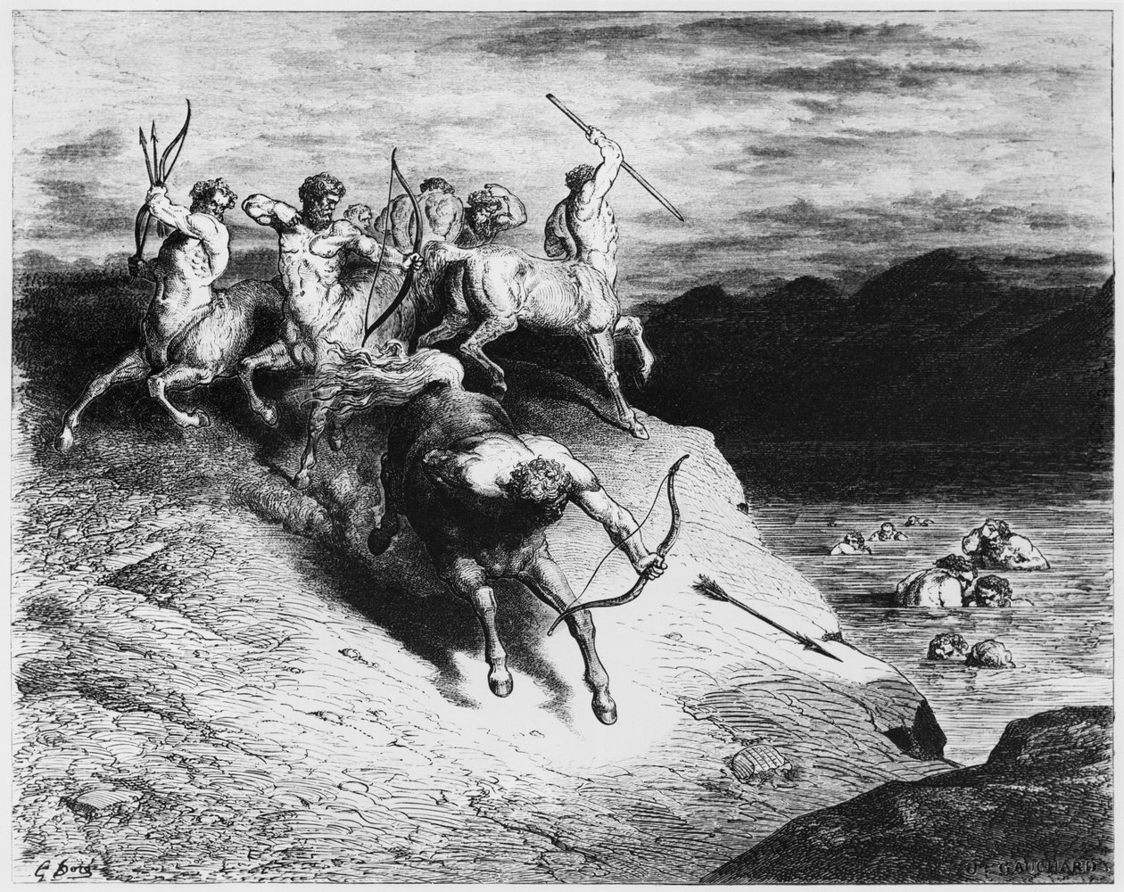 Kentauři, ilustrace z "Božské komedie" (Inferno) od Dante Alighieriho (1265-1321) Paříž, vydáno 1885 od Gustave Dore