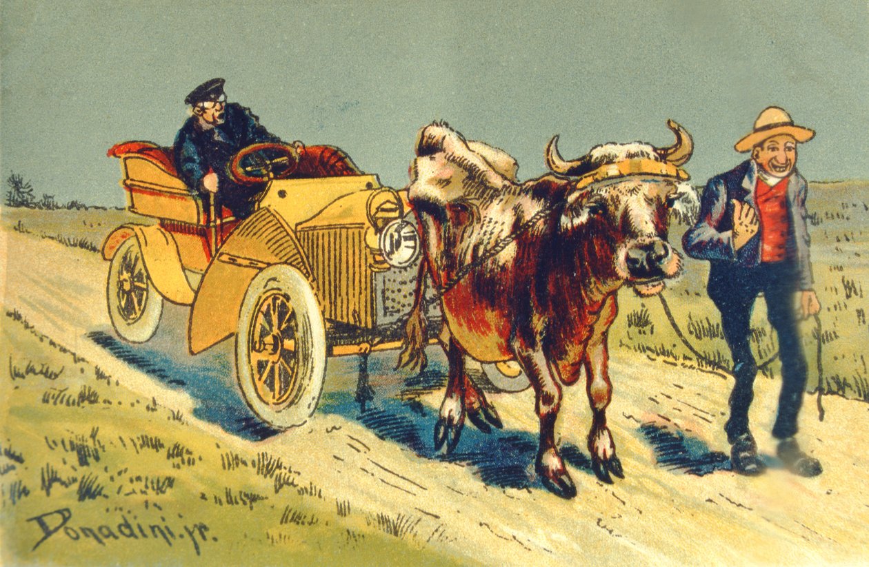 Kráva táhnoucí motorový vůz - porucha v počátcích automobilismu od Gustave Dore