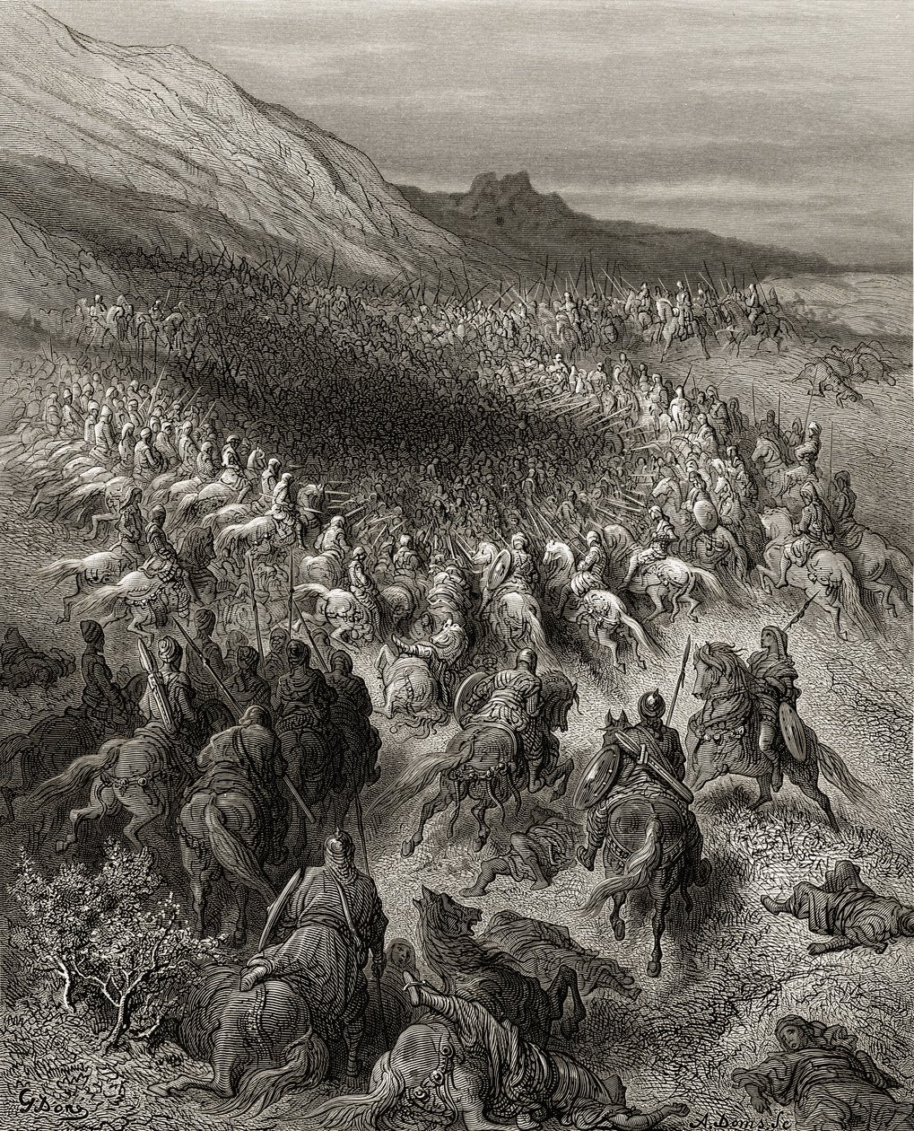 Křižáci obklopeni Saladinovou (1137-93) armádou, ilustrace z 