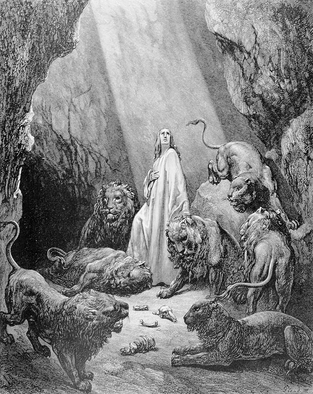Daniel v jámě lvové, rytina Antoine Alphee Piaud, asi 1868 od Gustave Dore
