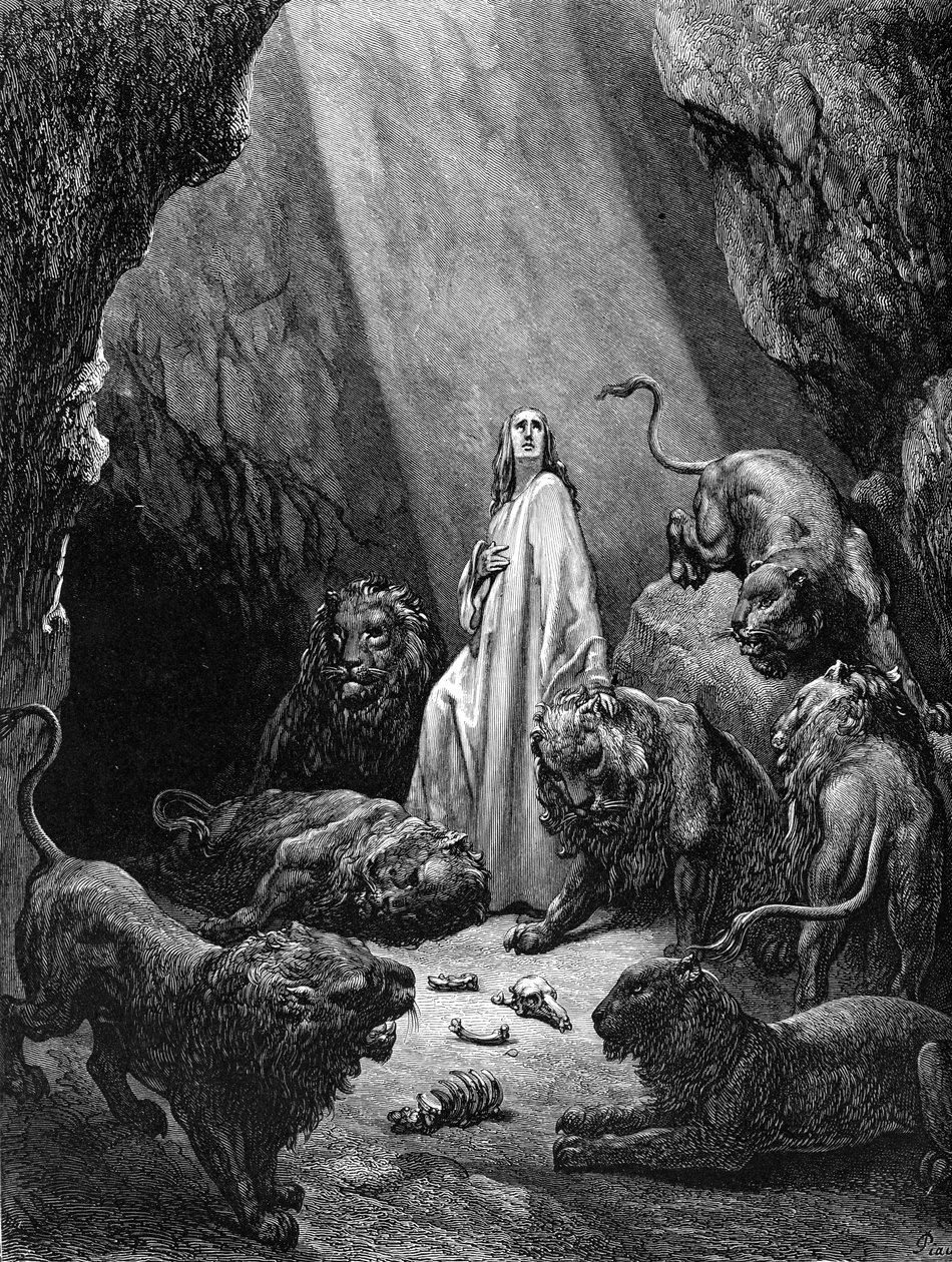 Daniel v jámě lvové, rytina Doré. - Bible od Gustave Dore
