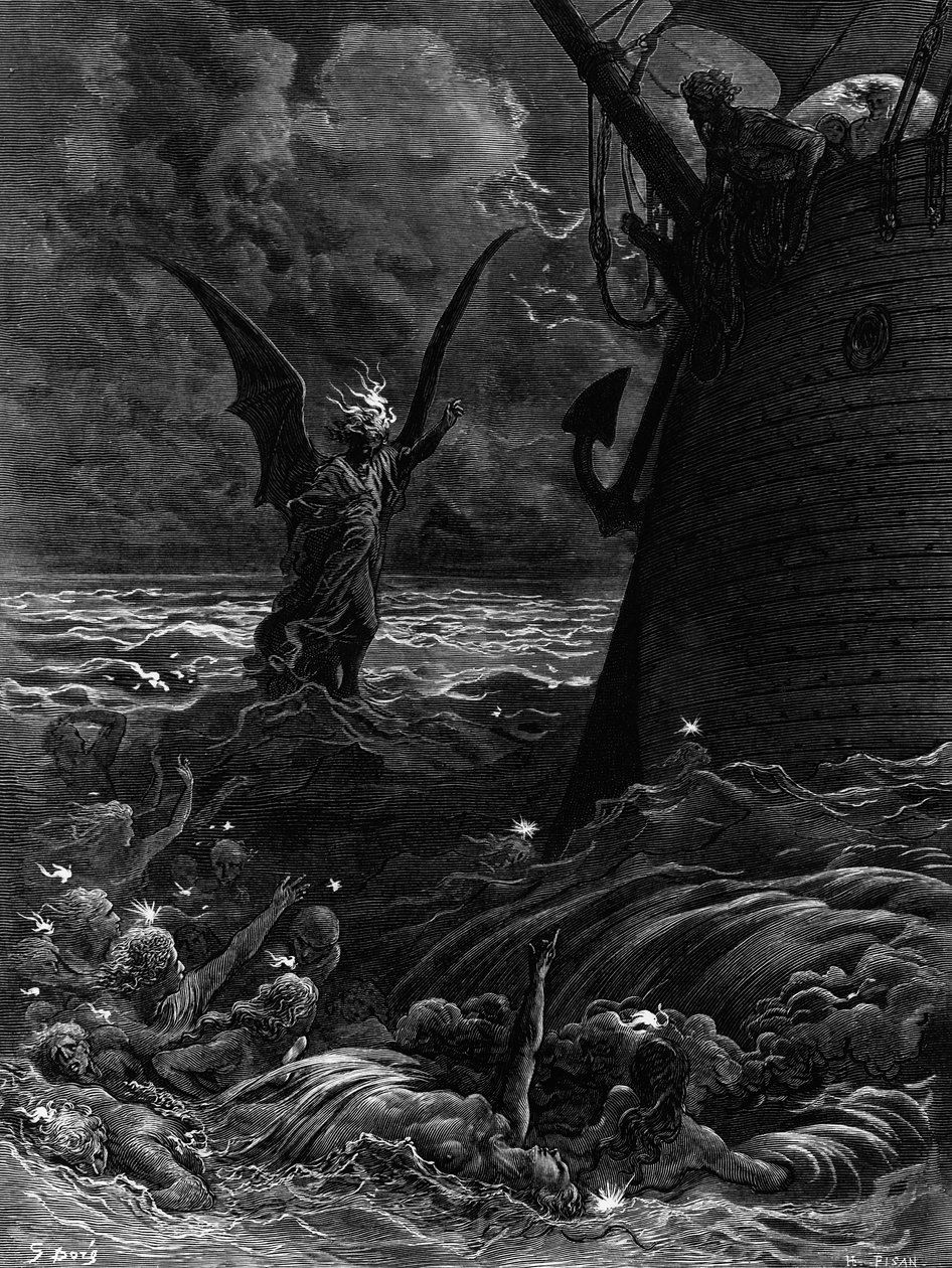 Ohně smrti tančící kolem zklidněné lodi, scéna z filmu The Rime of the Ancient Mariner od S.T. Coleridge, od S.T. Coleridge, vydal Harper und Brothers, New York, 1876 (dřevoryt) od Gustave Dore