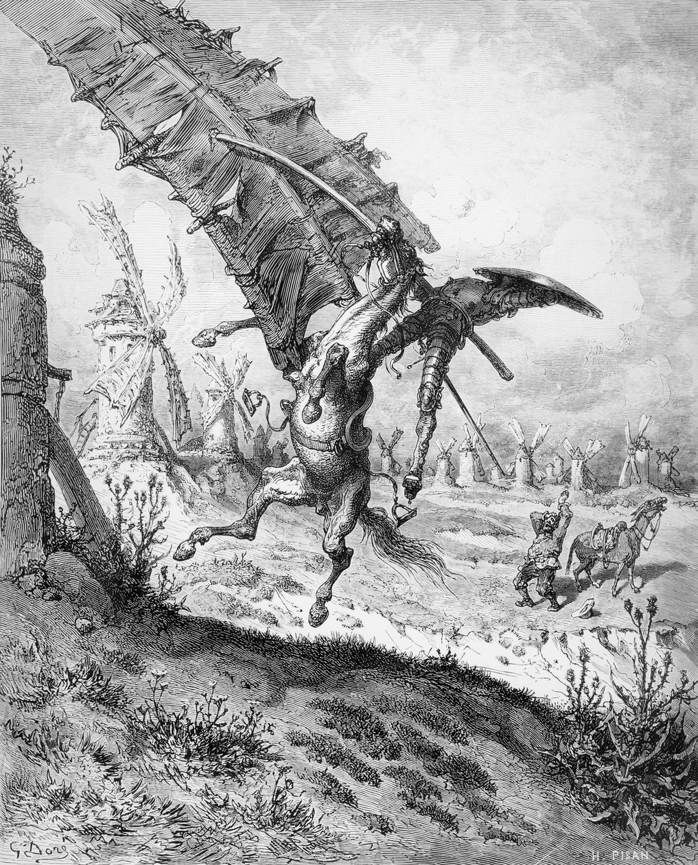 Don Quijote a větrné mlýny, z „Don Quijote de la Mancha“ od Miguela Cervantese (1547-1616) rytina Heliodora Josepha Pisana (1822-90) (rytina) (černobílá fotografie) (viz také 141799) od Gustave Dore