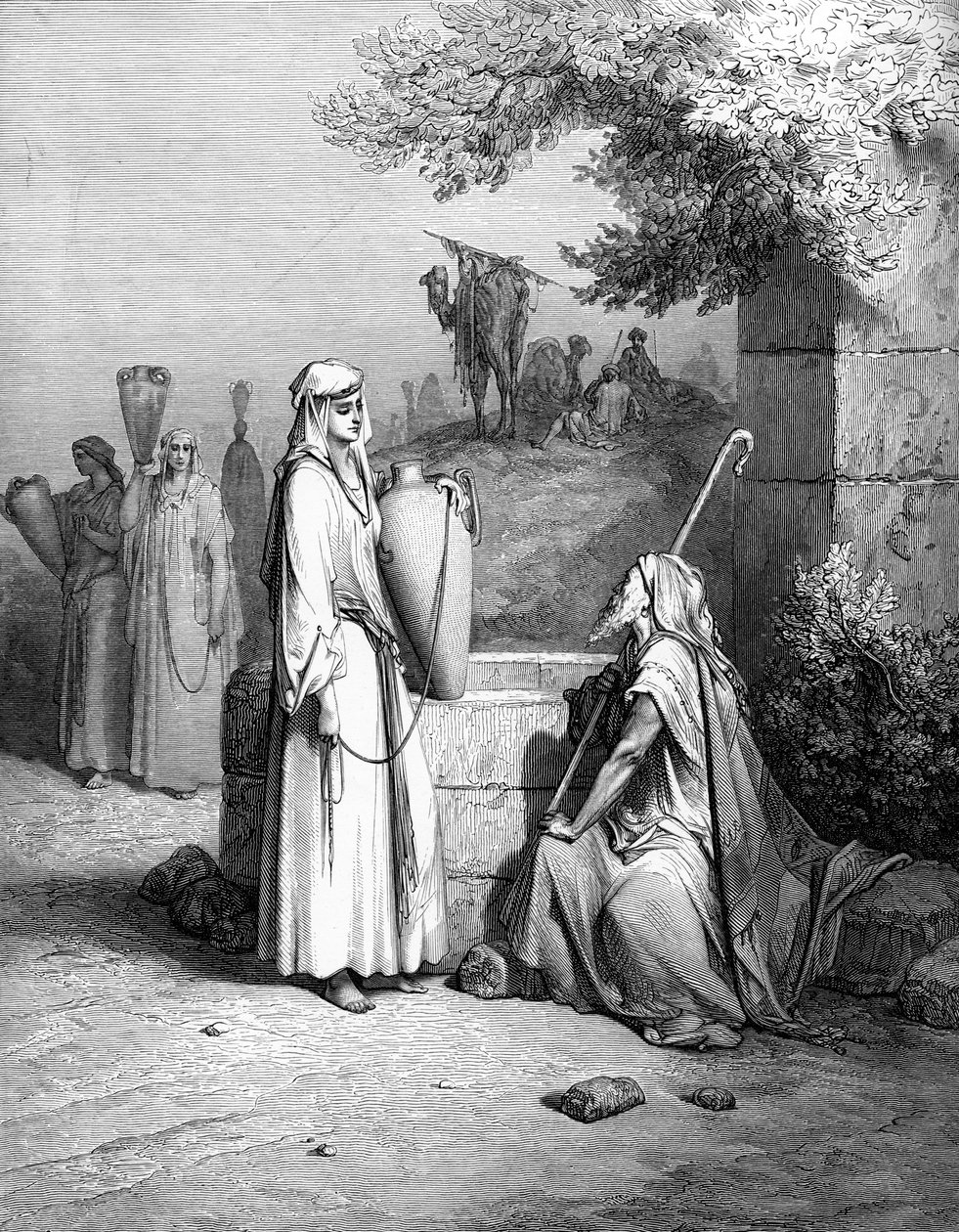 Eliezer a Rebekah Rebecca, rytina Doré. - Bible od Gustave Dore