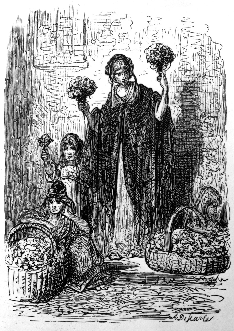 Květinové dívky, z „Londýna, pouť“ od Williama Blancharda Jerrolda, vydání vydané v roce 1890 od Gustave Dore