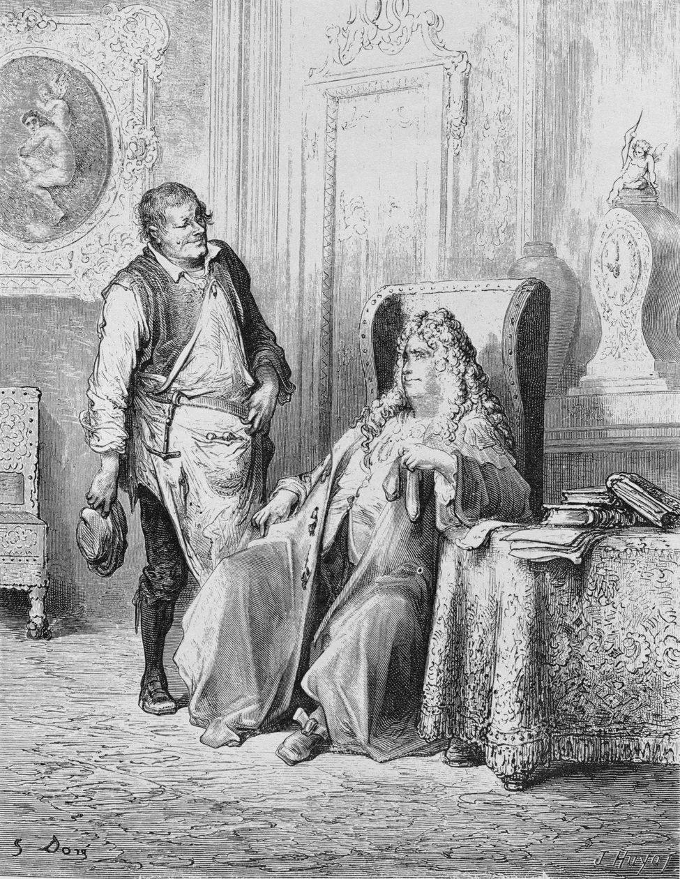Ilustrace k pohádce Švec a finančník z "Bajky" od Jeana de La Fontaine (1621-95) od Gustave Dore