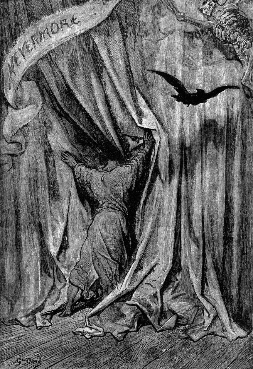 Ilustrace k básni Vrána od Edgara Allana Poea, 1845 od Gustave Dore