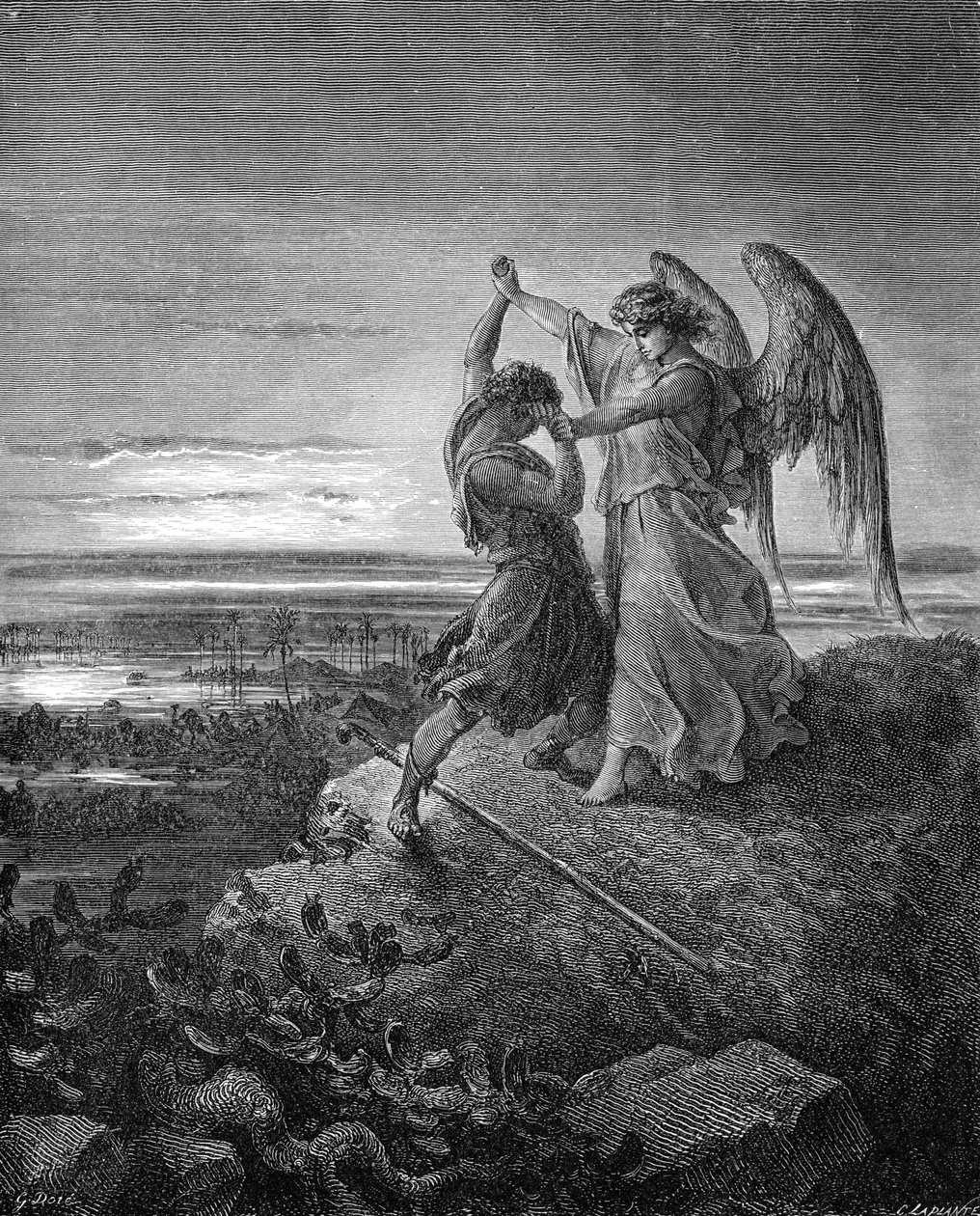 Jacob zápasí s andělem, rytina Doré. - Bible od Gustave Dore