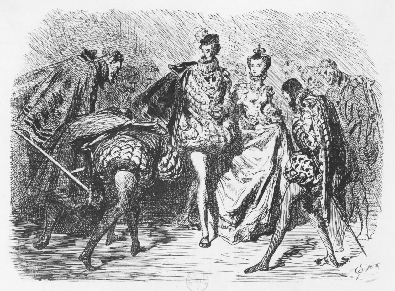 Král a dvůr, ilustrace z „Essais“ od Michela Eyquema de Montaigne (1533-92) od Gustave Dore