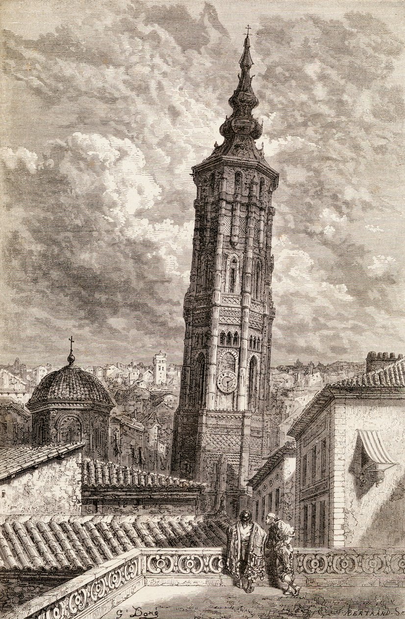 La Torre Nueva, Zaragoza v 19. století, 1878 (dřevoryt) od Gustave Dore