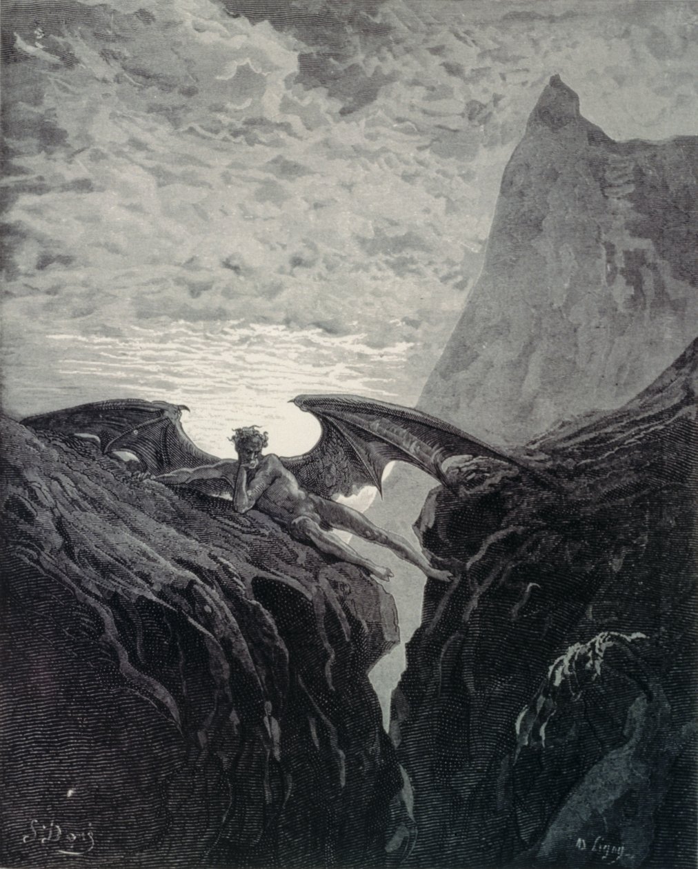 Talíř č. 26 Kniha VI, řádek 406 "Nyní začala noc..." ze Ztraceného ráje od Johna Miltona (1608-74), vyryl Ligny, 1882 od Gustave Dore