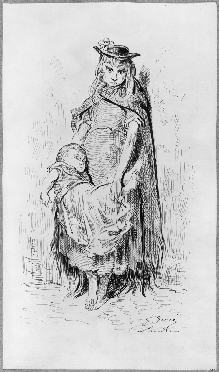 Chudák dívka s dítětem v Londýně (pero a inkoust na papíře) od Gustave Dore