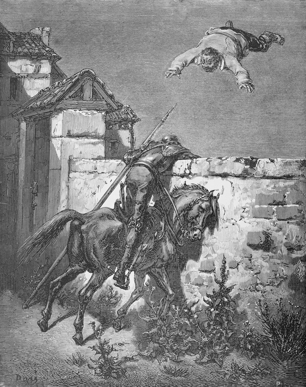 Sancho Tossed in a Blanket, z „Don Quijote de la Mancha“ od Miguela Cervantese (1547-1616), vyryto Heliodorem Josephem Pisanem (1822-90) kolem roku 1868 od Gustave Dore