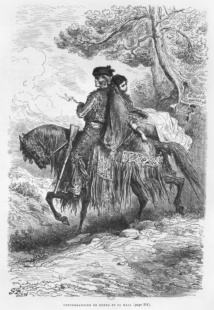 Španělský kontrabandista Ronda a jeho Maja, vyrytý Felix Jean Gauchard (1825-72) od Gustave Dore