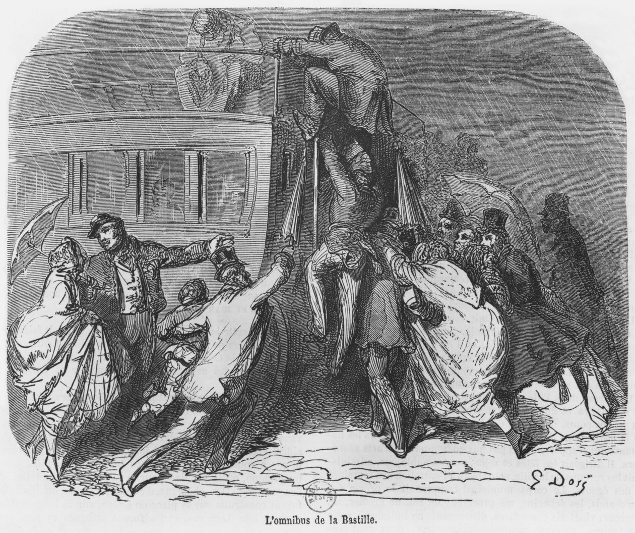 Bastille omnibus, ilustrace z „Le Nouveau Paris“ od Emile Gigault de La Bedolliere (1812-83) od Gustave Dore