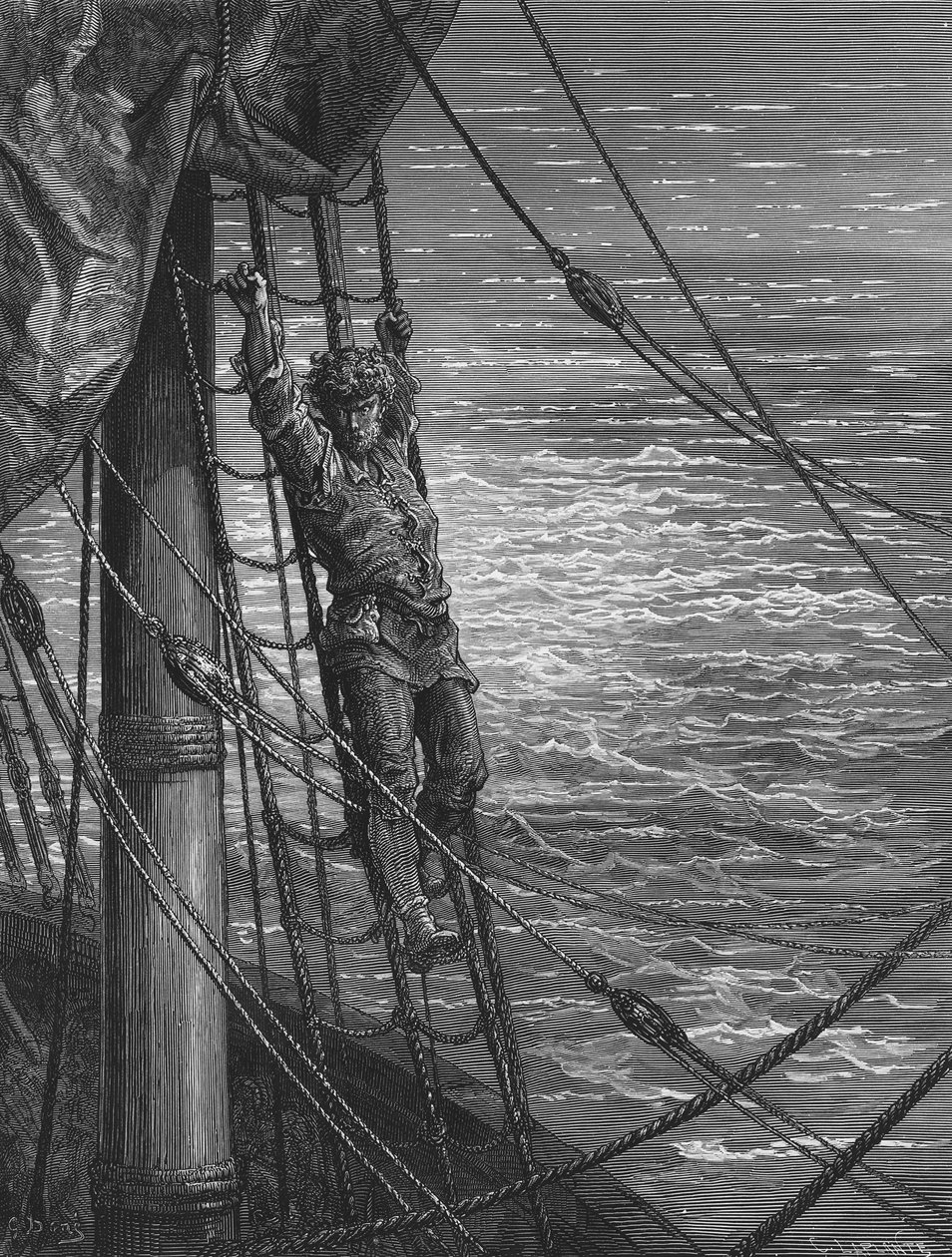 Námořník popisuje svému posluchači, svatebnímu hostu, své pocity osamělosti a opuštěnosti na lodi, scénu z filmu The Rime of the Ancient Mariner od S.T. Coleridge, vydané nakladatelstvím Harp od Gustave Dore