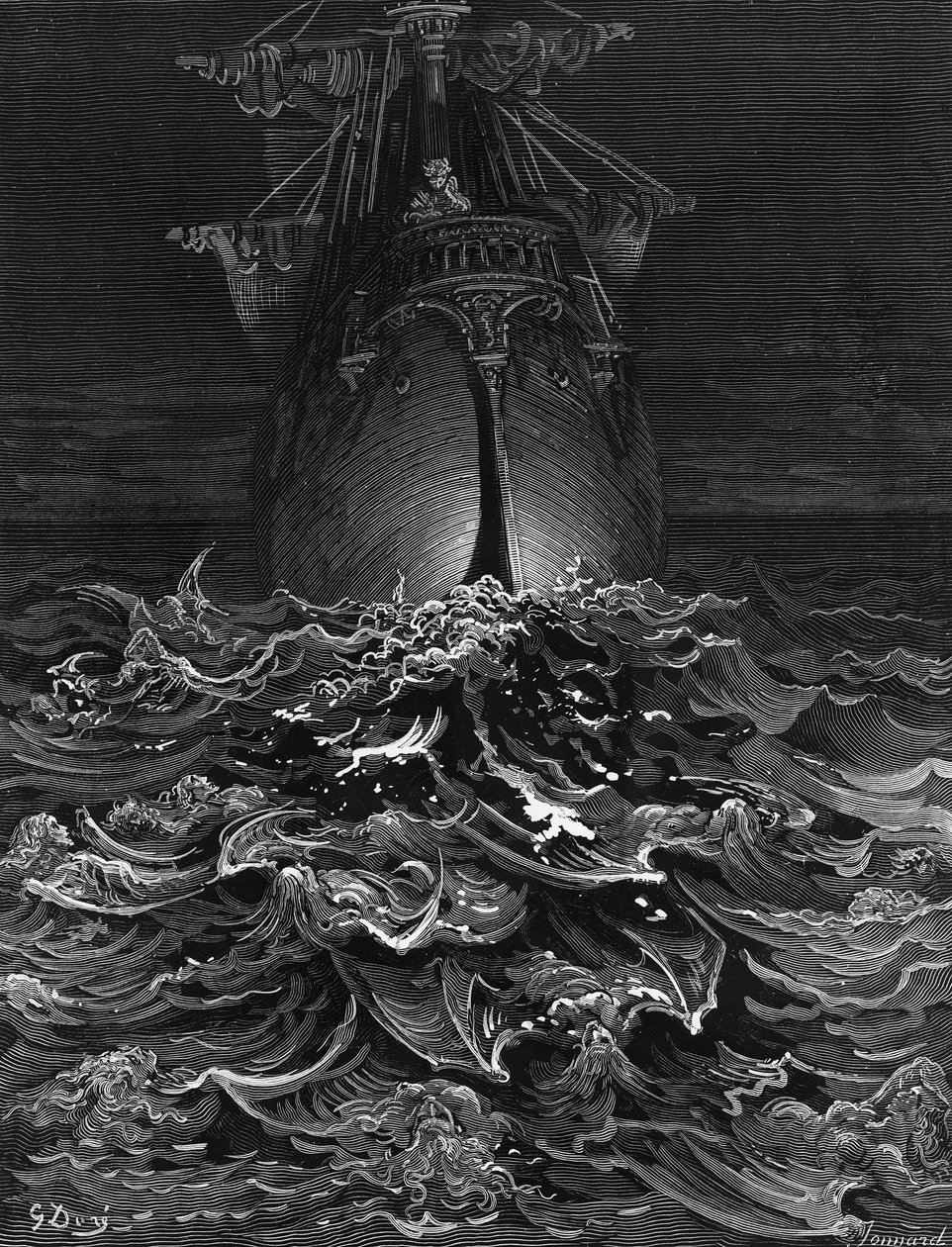 Námořník hledí na oceán a naříká nad svým přežitím, zatímco všichni jeho kolegové námořníci zemřeli, scéna z filmu The Rime of the Ancient Mariner od S.T. Coleridge, vydané nakladatelstvím Harper und Brothers, New York od Gustave Dore