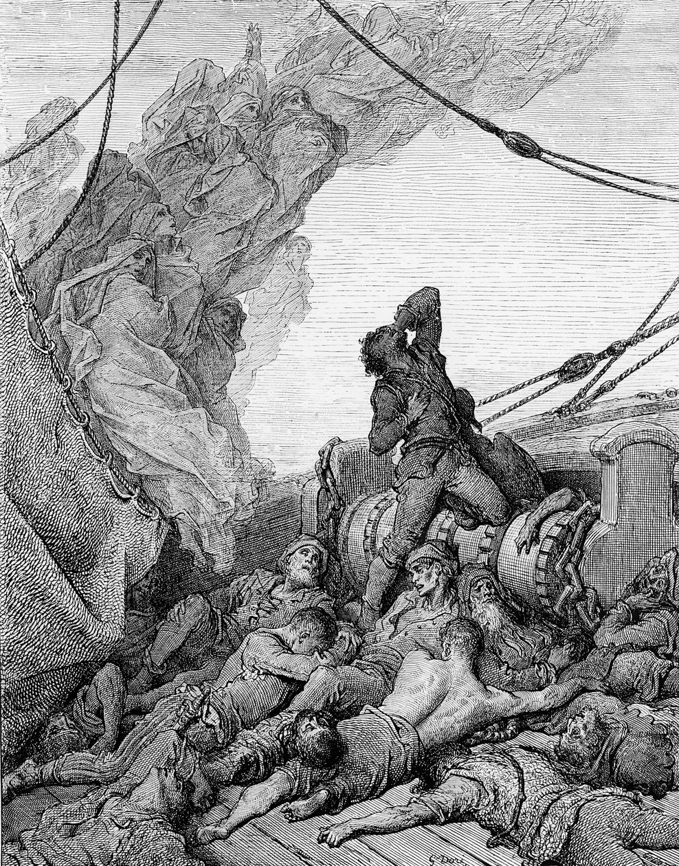 Námořník, obklopený mrtvými námořníky, trpí úzkostí ducha, scéna z filmu The Rime of the Ancient Mariner od S.T. Coleridge, vydal Harper und Brothers, New York, 1876 (dřevoryt) od Gustave Dore