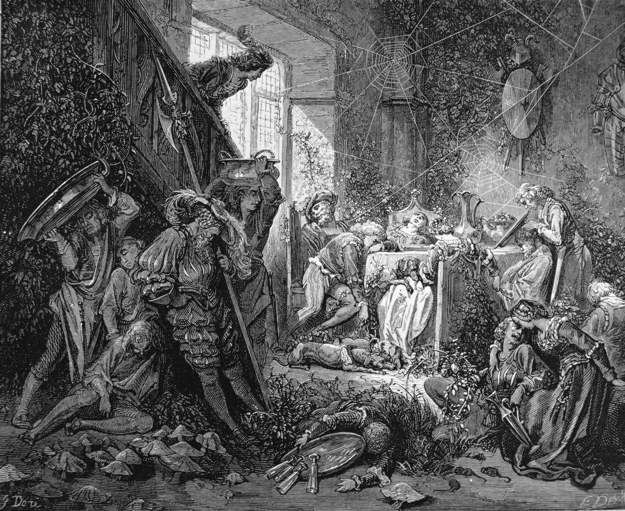 Princ přijíždějící do kouzelného hradu, ilustrace k „Šípkové Růžence“ od Charlese Perraulta (1628-1703) od Gustave Dore