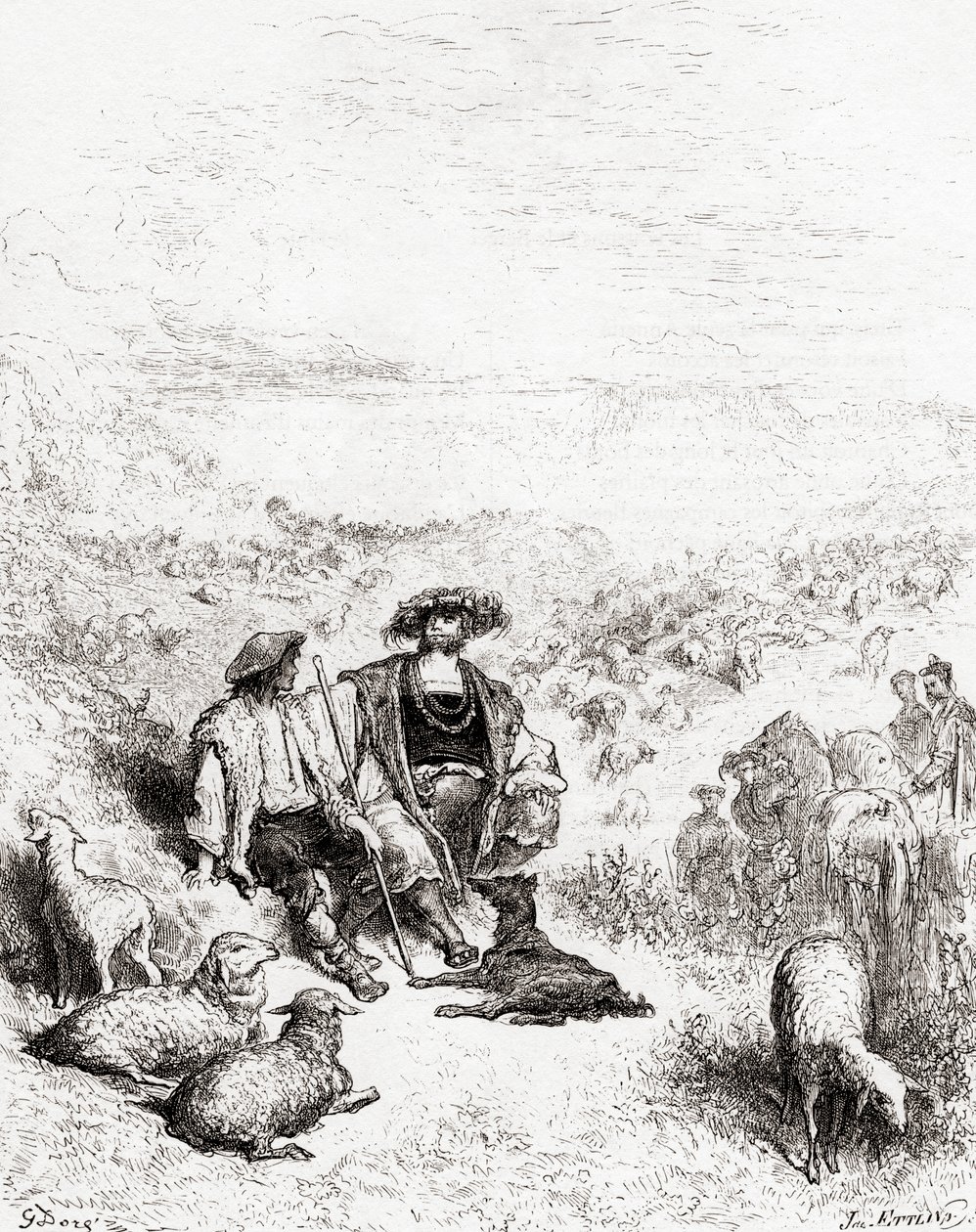 Pastýř a král, z konce 19. století vydání Fables de La Fontaine (dřevoryt) od Gustave Dore