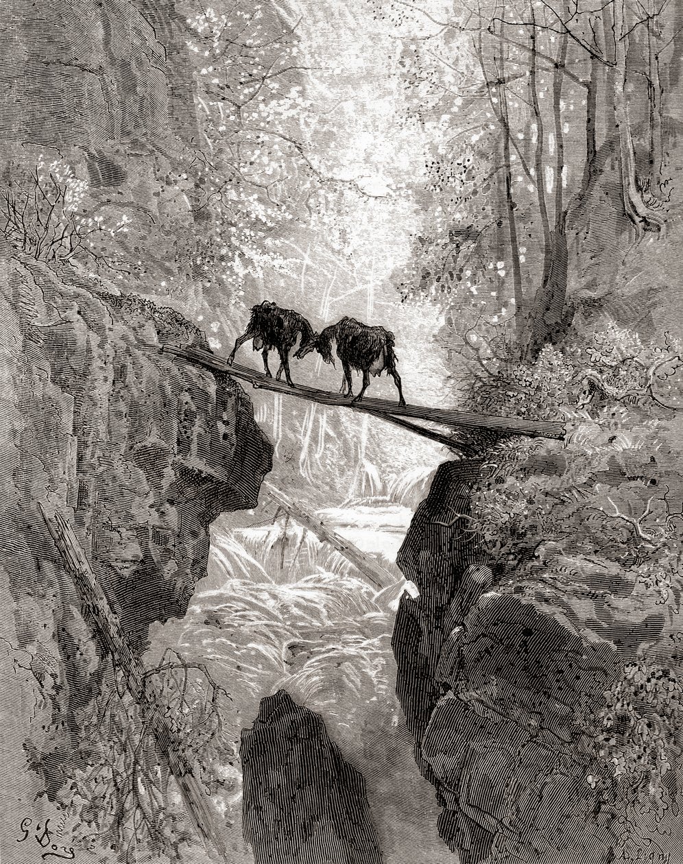 Dvě kozy, z konce 19. století vydání Fables de La Fontaine (dřevoryt) od Gustave Dore