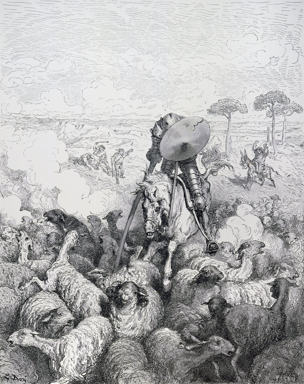 Statečný útok z románu "Don Quijote de la Mancha" od Miguela Cervantese (1547-1616), vyryl Heliodore Joseph Pisan (1822-90), asi 1868 od Gustave Dore