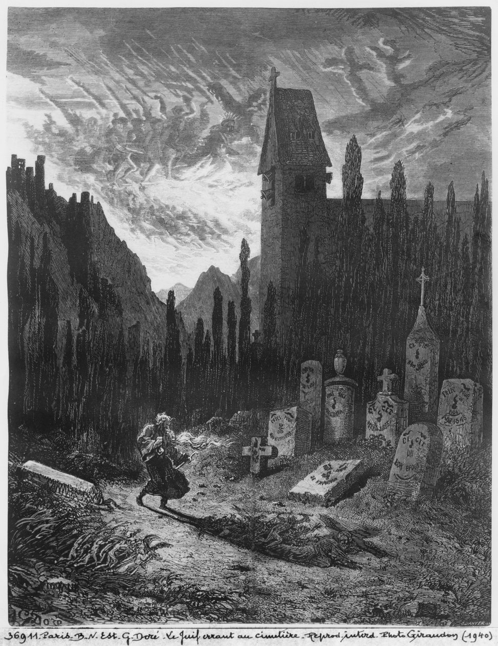 Potulný Žid na hřbitově, vyrytý Octavem Jahyerem (nar. 1826) od Gustave Dore