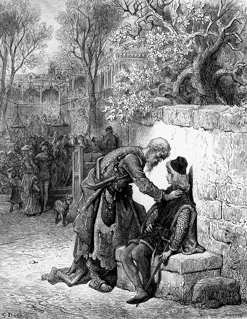 Svatebnímu hostu zabránil starověký námořník zúčastnit se svatby, scéna z filmu The Rime of the Ancient Mariner od S.T. Coleridge, publikoval Harper und Sons, New York, 1876 (dřevo např od Gustave Dore