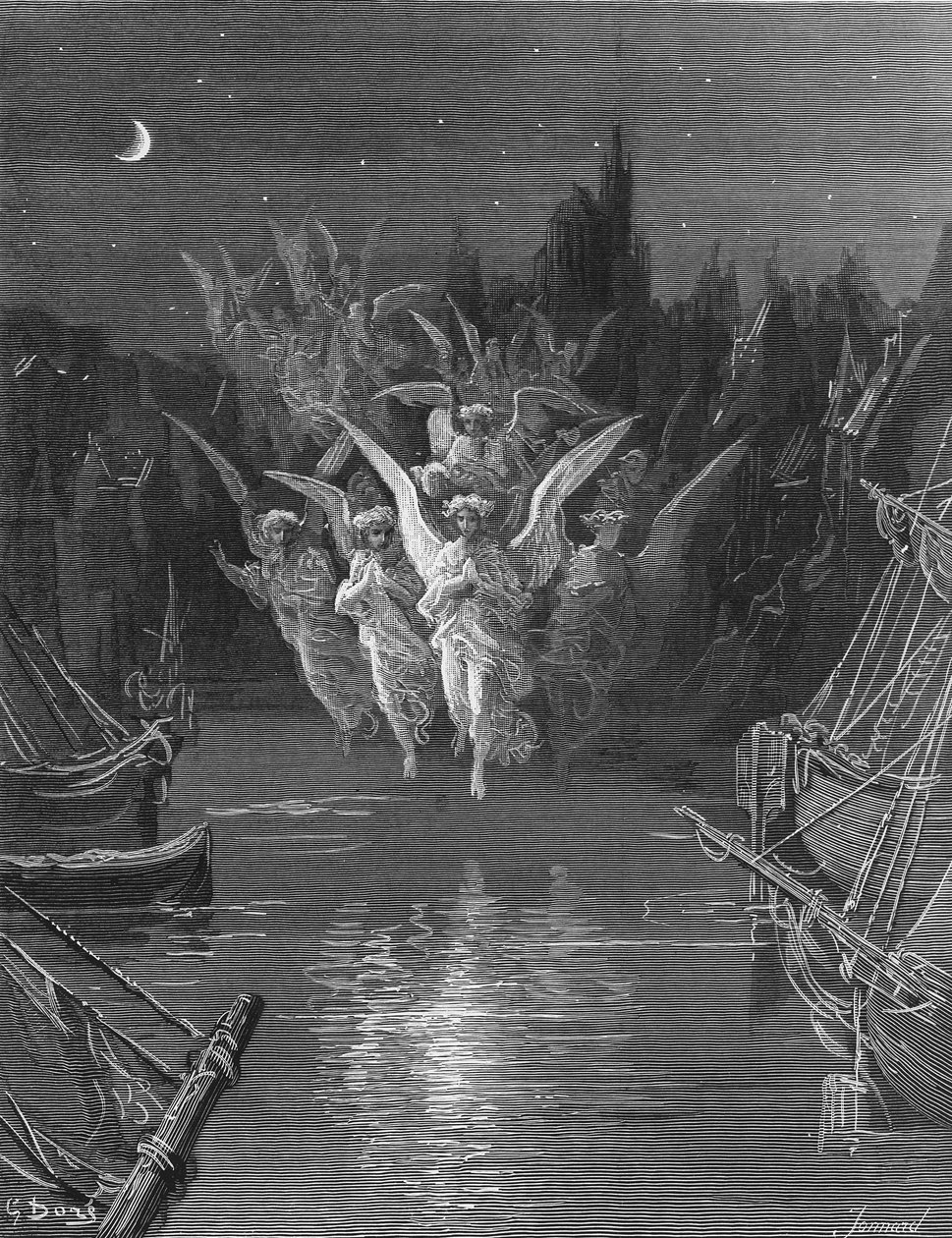Andělští duchové opouštějí mrtvá těla a objevují se ve svých vlastních podobách světla, scéna z filmu The Rime of the Ancient Mariner od S.T. Coleridge, vydal Harper und Brothers, New York, 1876 (dřevo např od Gustave Dore