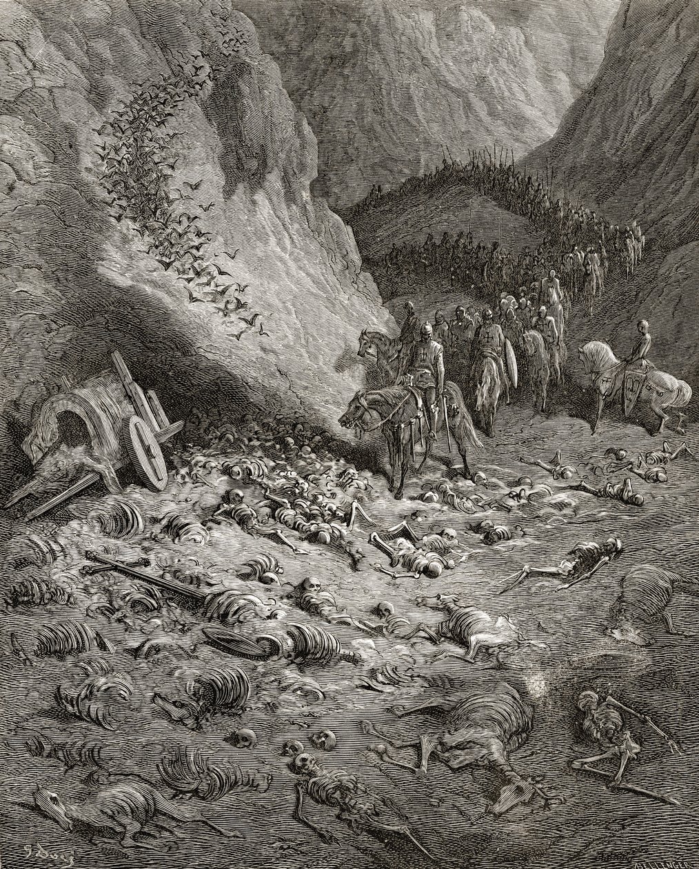 Armáda druhé křížové výpravy našla ostatky vojáků první křížové výpravy, ilustrace z „Bibliotheque des Croisades“ od J-F. Michaud, 1877 od Gustave Dore