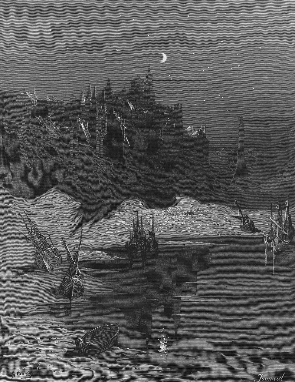 První vize jeho rodné země od Námořníka, osvobozeného z transu a probuzeného ze spánku, scéna z filmu The Rime of the Ancient Mariner od S.T. Coleridge, publikoval Harper und Brothers, New Y od Gustave Dore