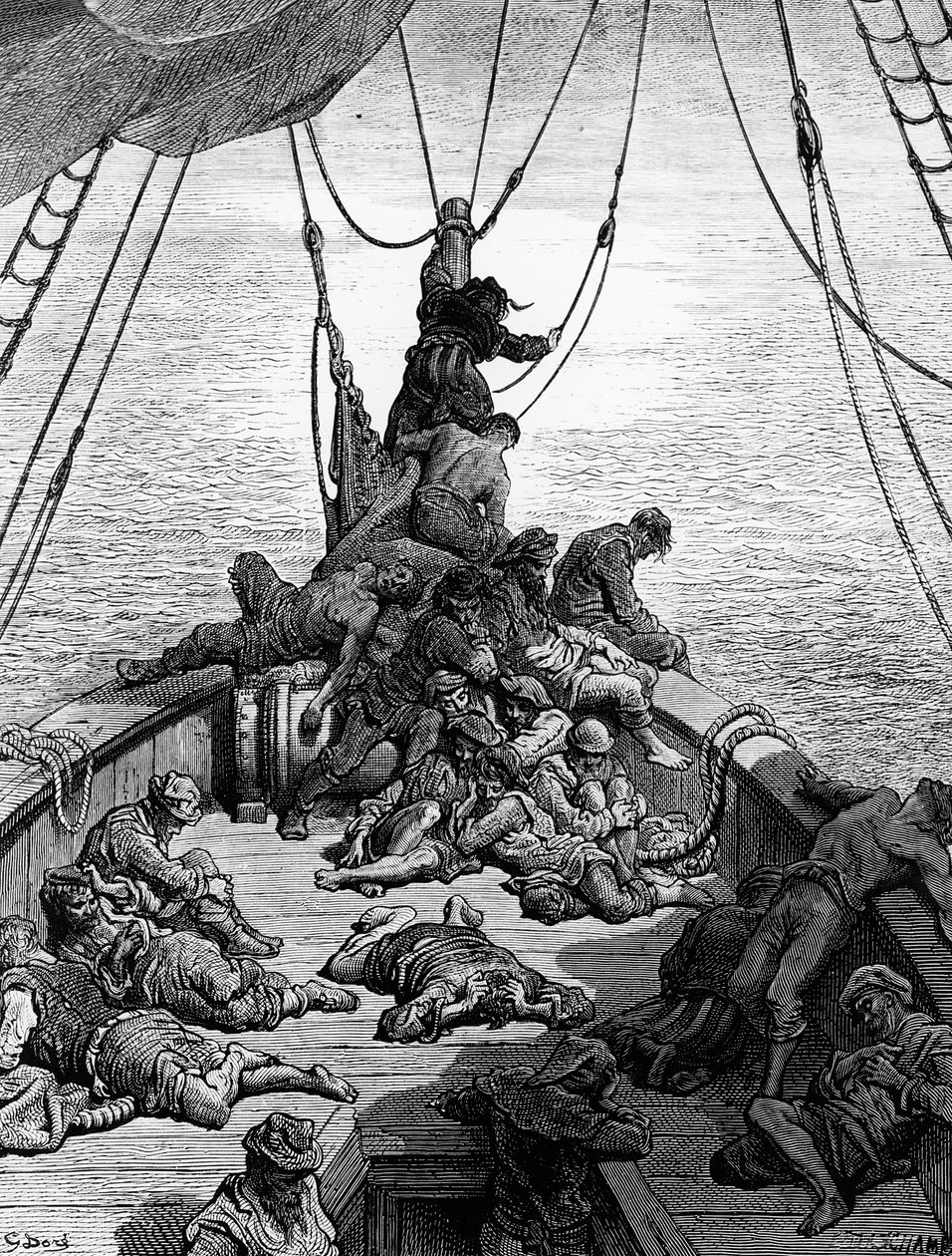 Námořníci byli uklidněni a mučeni žízní, scéna z filmu The Rime of the Ancient Mariner od S.T. Coleridge, od S.T. Coleridge, vydal Harper und Brothers, New York, 1876 (dřevoryt) od Gustave Dore