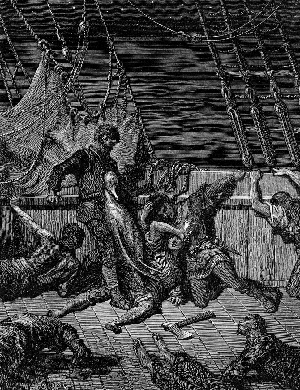 Námořníci proklínají Marinera, který je nucen nosit mrtvého albatrosa kolem krku, scéna z filmu The Rime of the Ancient Mariner od S.T. Coleridge, vydal Harper und Sons, New York, 1876 (dřevo engra od Gustave Dore