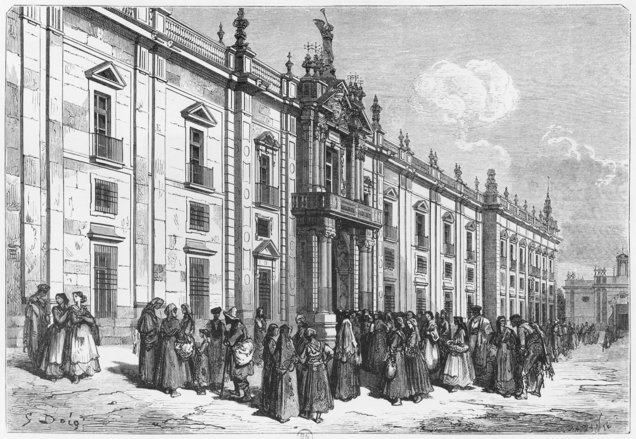 Tabáková továrna v Seville, vyryla Charles Laplante († 1903) od Gustave Dore