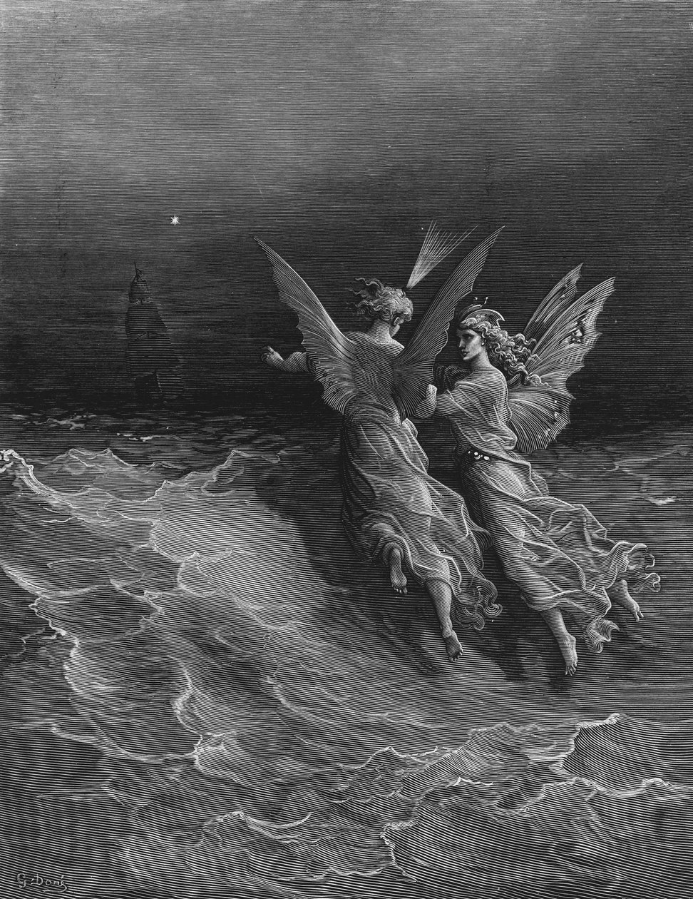 Dva spříznění duchové Ducha jižního pólu si kladou otázku, proč loď cestuje tak rychle bez pomoci větru nebo moře, scéna z filmu The Rime of the Ancient Mariner od S.T. Coleridge, od Gustave Dore