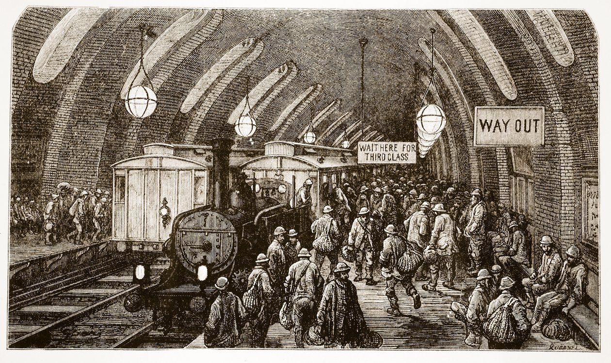Dělnický vlak, z „Londýna, pouť“, napsal William Blanchard Jerrold (1826-94) a vyryl Quesnel, hospoda. 1872 od Gustave Dore