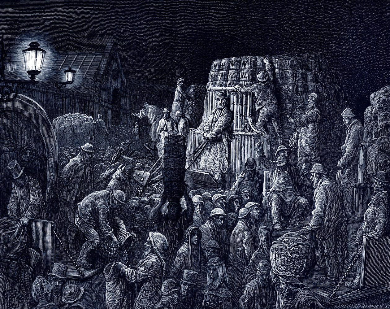 Viktoriánský Londýn – tržnice Covent Garden od Gustave Dore