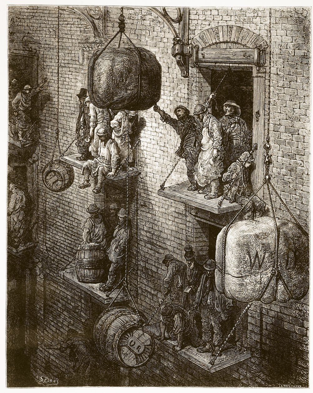 Skladování ve městě, z „Londýna, pouť“, napsal William Blanchard Jerrold (1826-84) a vyryl hospoda Adolphe Francois Pannemaker (nar. 1822). 1872 od Gustave Dore