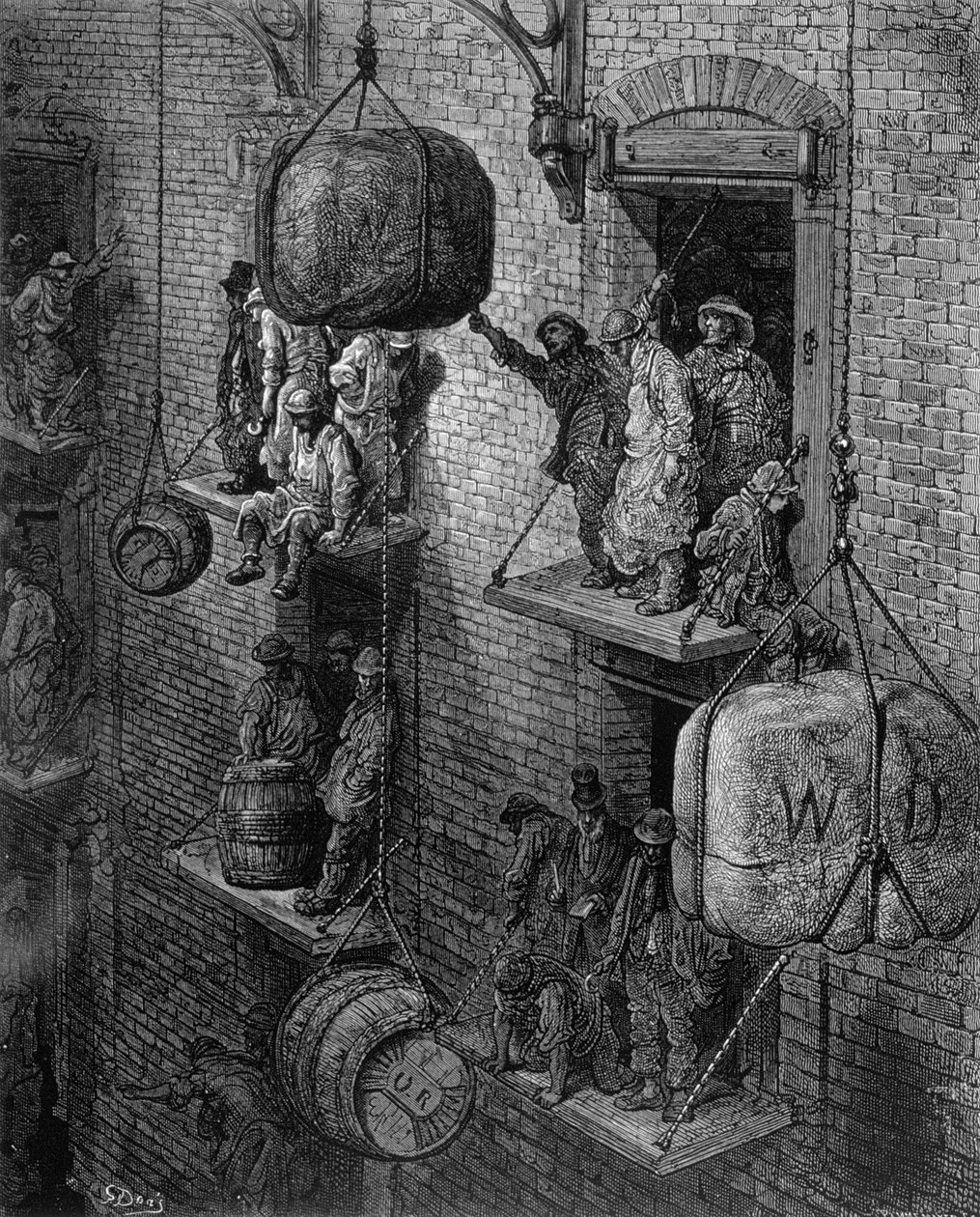 Skladiště ve městě, z „Londýna, pouť“, napsal William Blanchard Jerrold (1826-84), vyryl Stephane Pannemaker (1847-1930), hospoda. 1872 od Gustave Dore