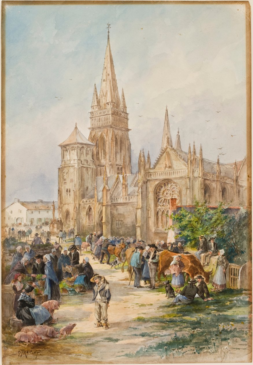 Tržní scéna v Le Folgoet, Bretaň (čb na papíře) od Gustave Fraipont