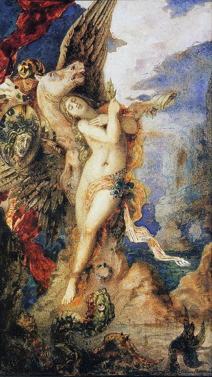 Perseus a Andromeda, kolem 1867-69 (wc a pero na papíře) od Gustave Moreau