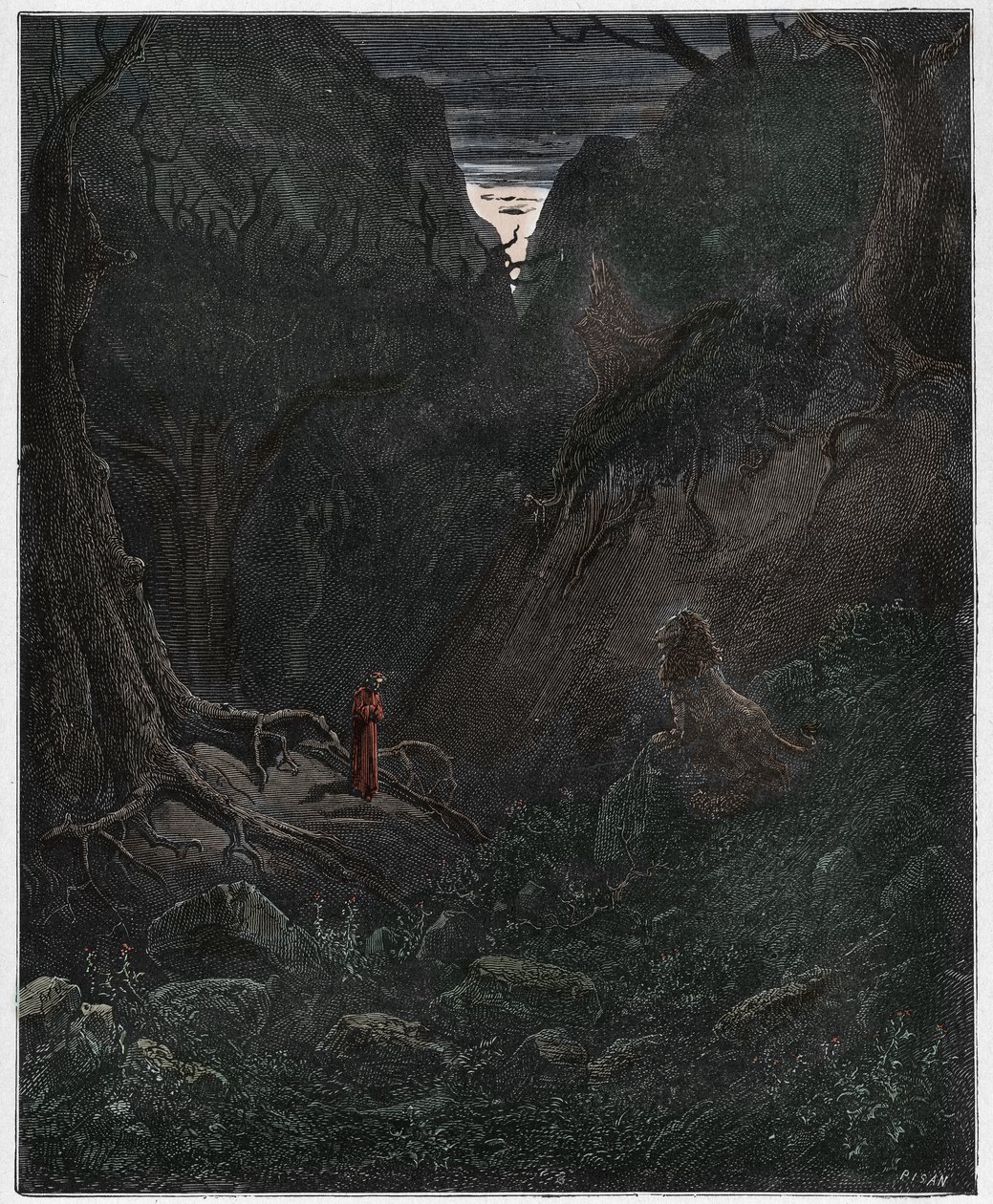 Inferno, Canto 1 : Lev se náhle postaví Dantovi, ilustrace z Božské komedie Dante Alighieriho, 1885 (digitálně kolorovaná rytina) od Gustave after Dore