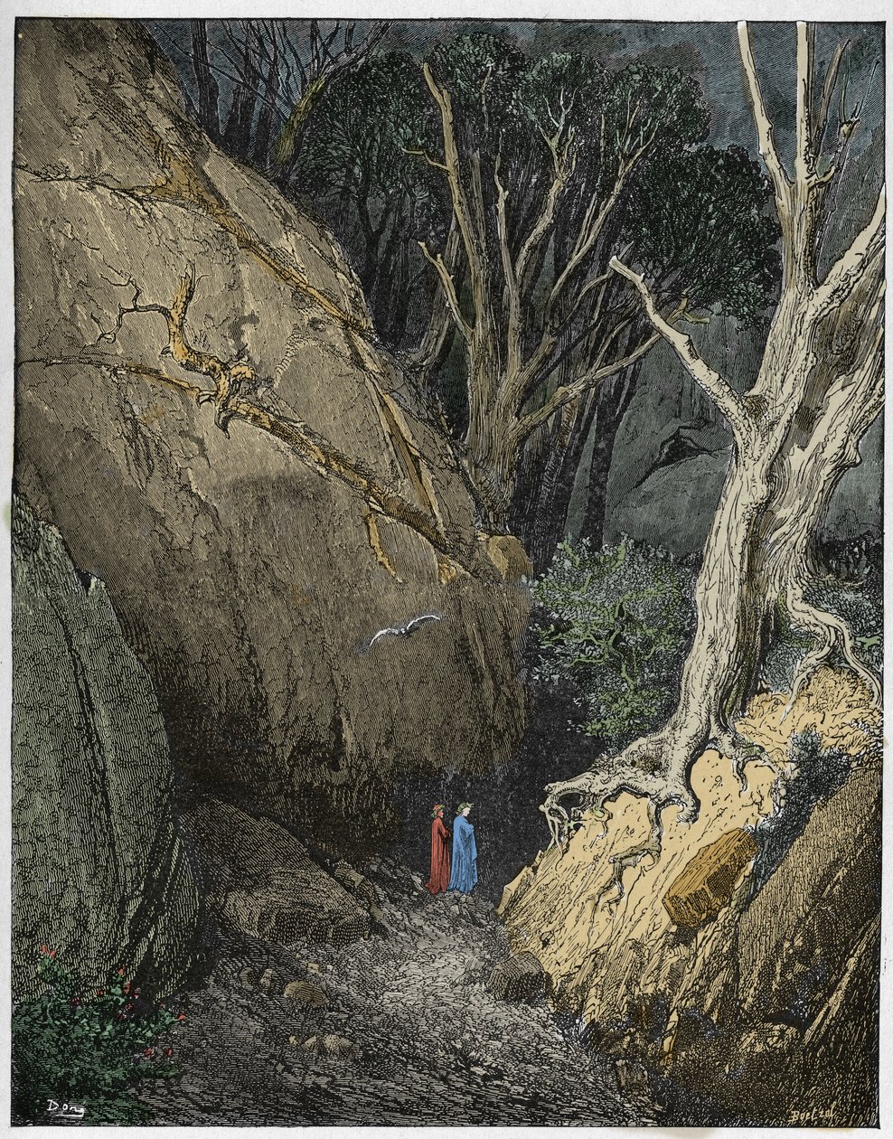 Inferno, Canto 1: Virgil a Dante začínají svou cestu, ilustrace z Božské komedie od Dante Alighieriho, 1885 (digitálně kolorovaná rytina) od Gustave after Dore