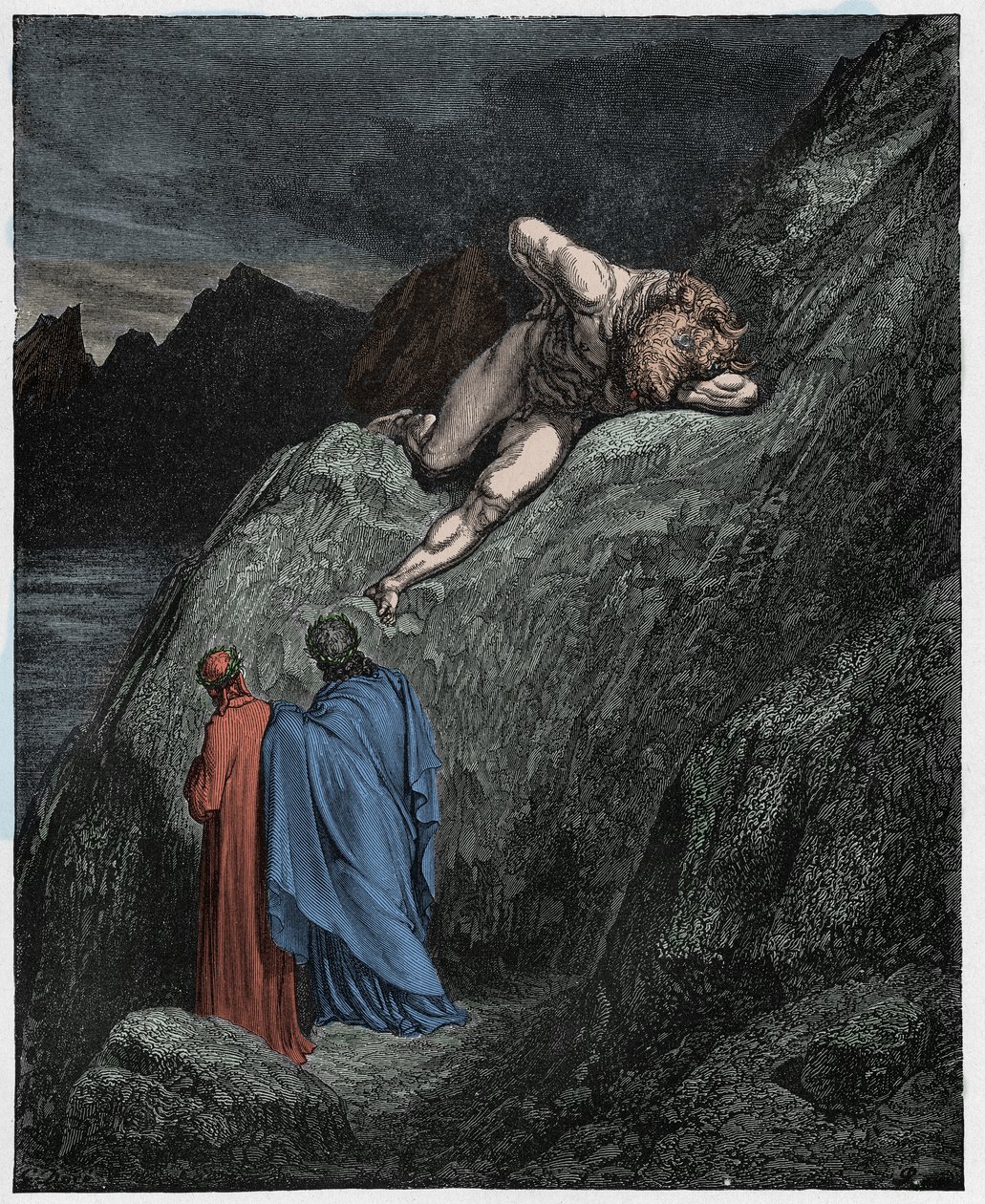 Inferno, Canto 12: Minotaurus (Minotaure) na rozbitém útesu, ilustrace z Božské komedie od Dante Alighieriho, 1885 (digitálně kolorovaná rytina) od Gustave after Dore