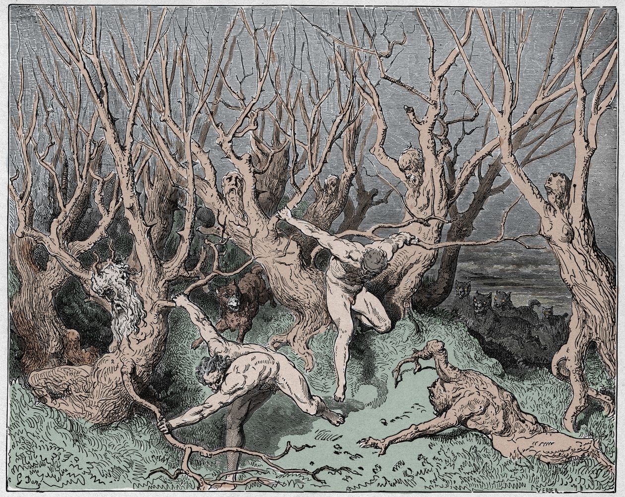 Inferno, Canto 13 : Sebevrazi prchají z lesa, ilustrace z Božské komedie Dante Alighieriho, 1885 (digitálně kolorovaná rytina) od Gustave after Dore