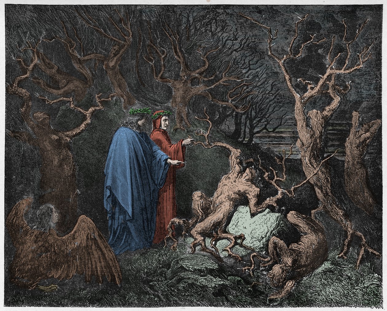 Inferno, Canto 13: The Sebevraždy v lese, ilustrace z Božské komedie od Dante Alighieriho, 1885 (digitálně kolorovaná rytina) od Gustave after Dore