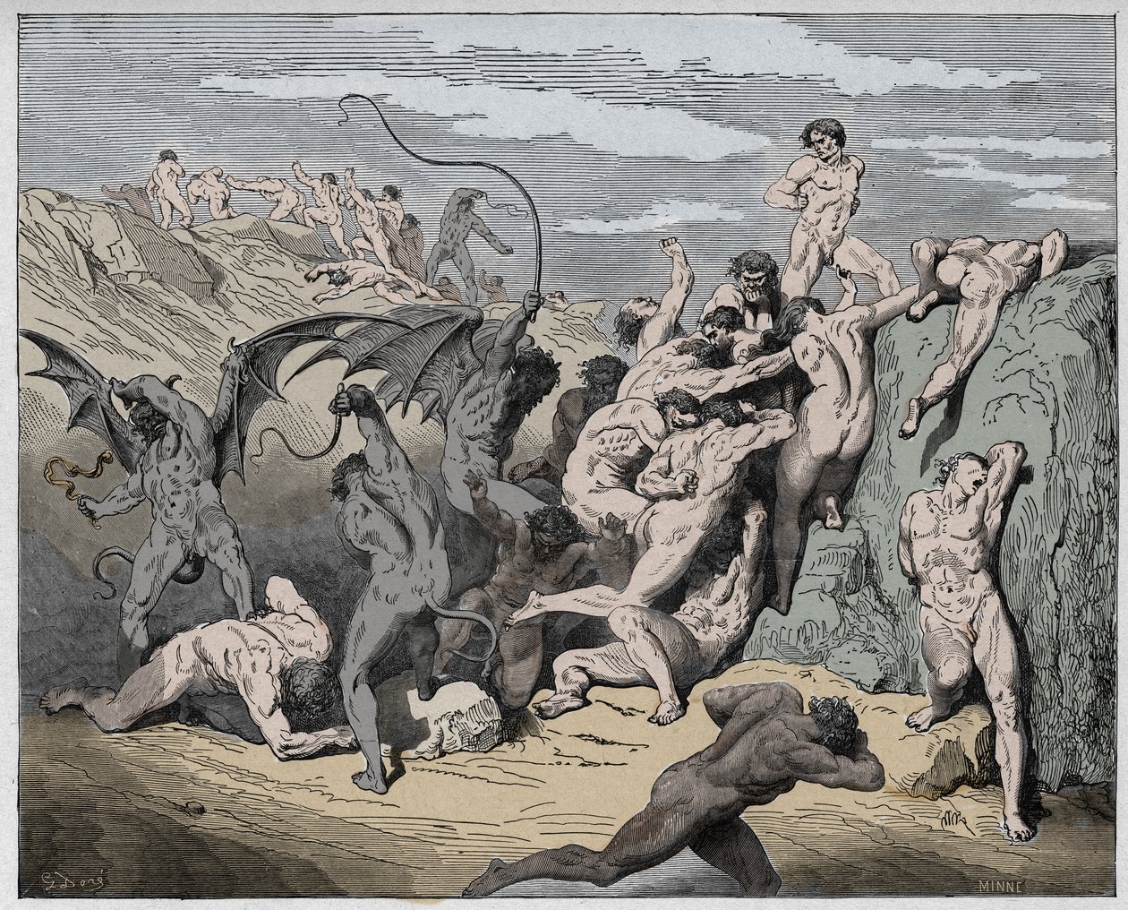 Inferno, Canto 18: Devils and svůdci, ilustrace z Božské komedie od Dante Alighieriho, 1885 (digitálně kolorovaná rytina) od Gustave after Dore
