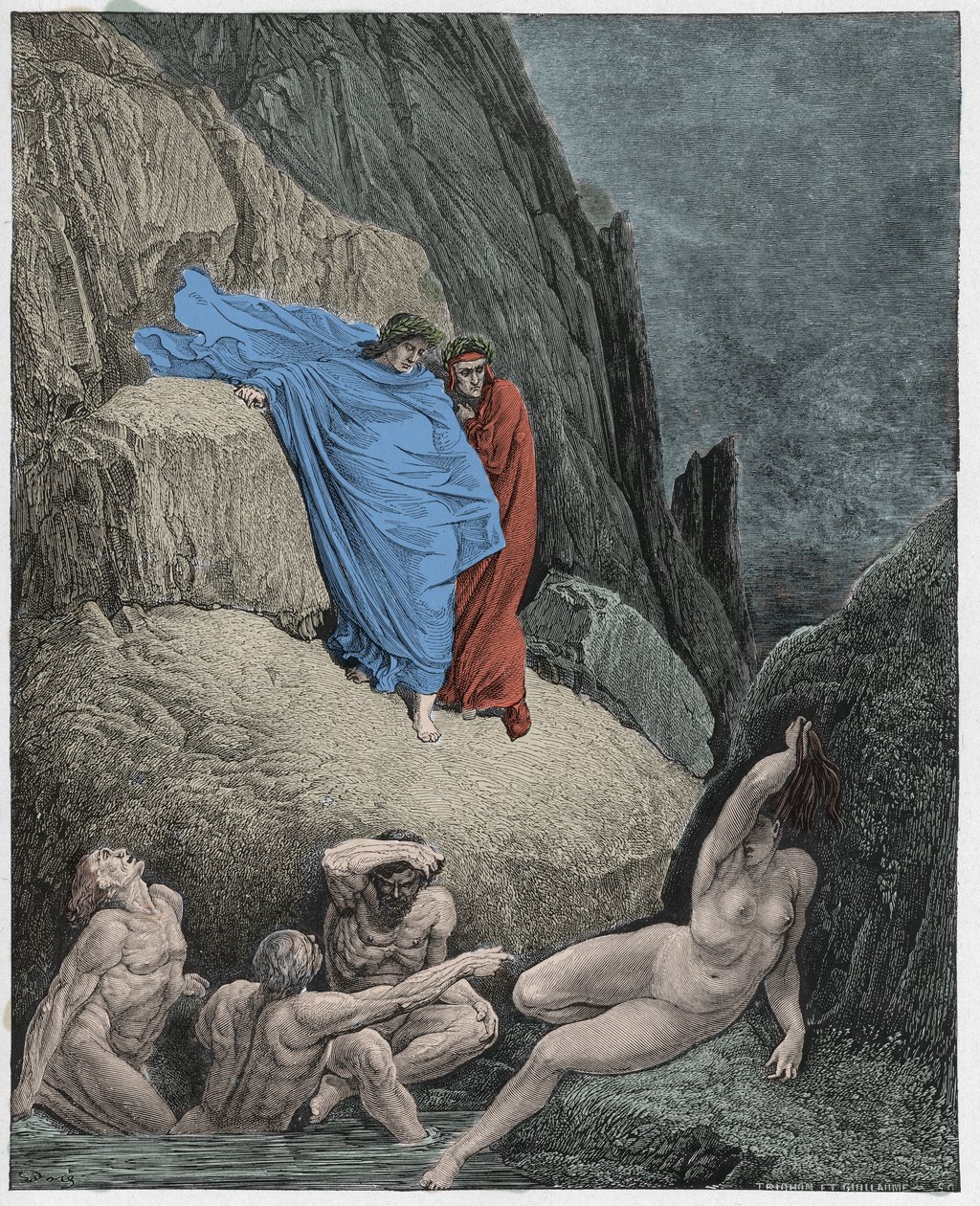 Inferno, Canto 18: Virgil ukazuje Dantemu odstín Thajska, ilustrace z Božské komedie od Dante Alighieriho, 1885 (digitálně kolorovaná rytina) od Gustave after Dore