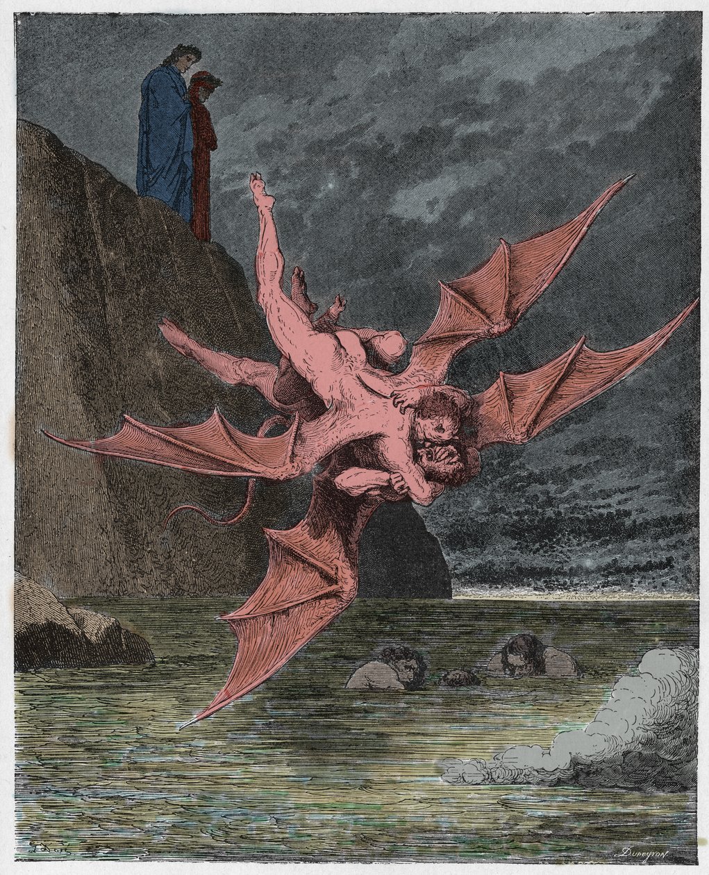 Inferno, Canto 22: Alichino a Calcabrina zápasí nad hřištěm, ilustrace z Božské komedie od Dante Alighieriho, 1885 (digitálně kolorovaná rytina) od Gustave after Dore